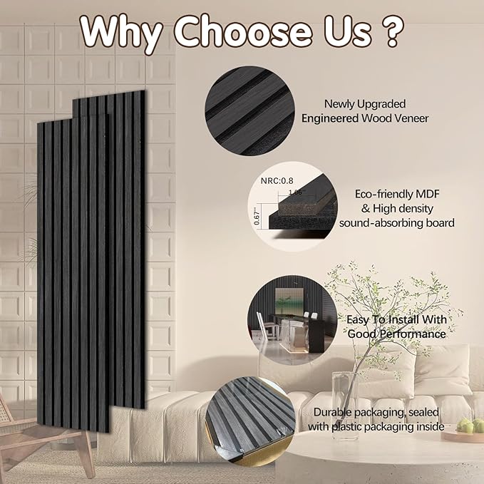 Wood Panels for Wall - 2 Pack Black Panels for Wall Decor - Black Oak Wood Veneer Sound Absorbing Panel - Black Wall Panels 12.6" W x 94.5" L