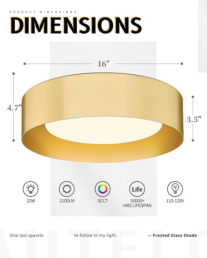 AUTELO Gold Flush Mount Ceiling Light, 16" 5CCT Ceiling Light with Frosted Glass in Gold Finish for Bedroom, C3336-40 BRZ LED