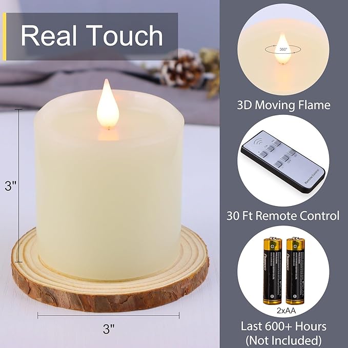 Flameless Candles with Timer, Flickering LED Candles Battery Operated with Remote, 3D Moving Flame, Real Wax 3" x 3" Electric Fake Candle for Home Party Decorations, 3 Pack