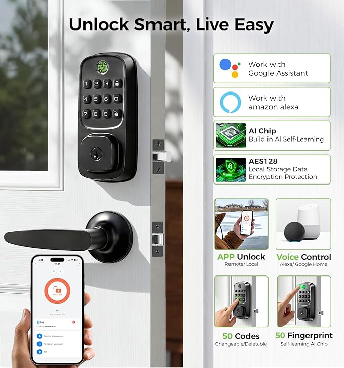 WiFi Smart Door Locks for Front Door Lock Set with 2 Lever, Keyless Entry Keypad Door Lock with Handle, Works with Alexa & Google Assistant, APP Remote Control, Voice & Fingerprint Unlock, AutoLocking