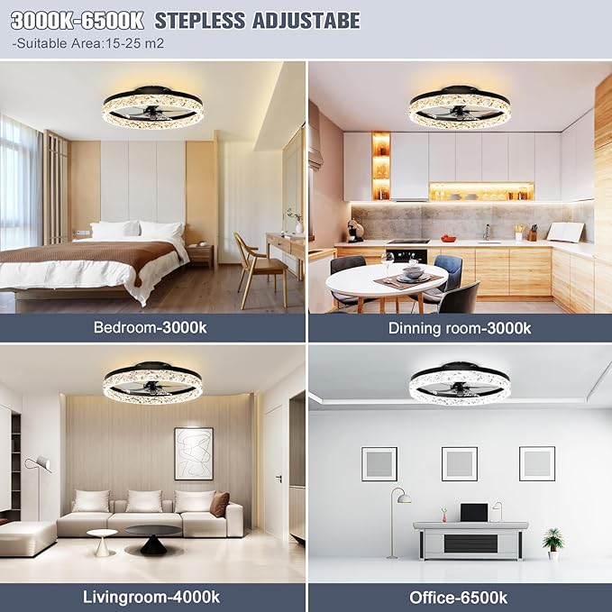 VOLISUN Modern Ceiling Fans with Lights and Remote, 19.7in Low Profile Ceiling Fan Flush Mount, 3000K-6500K Dimmable Bladeless LED Fan Light, Brown Fandelier Ceiling Fans with Lights for Bedroom