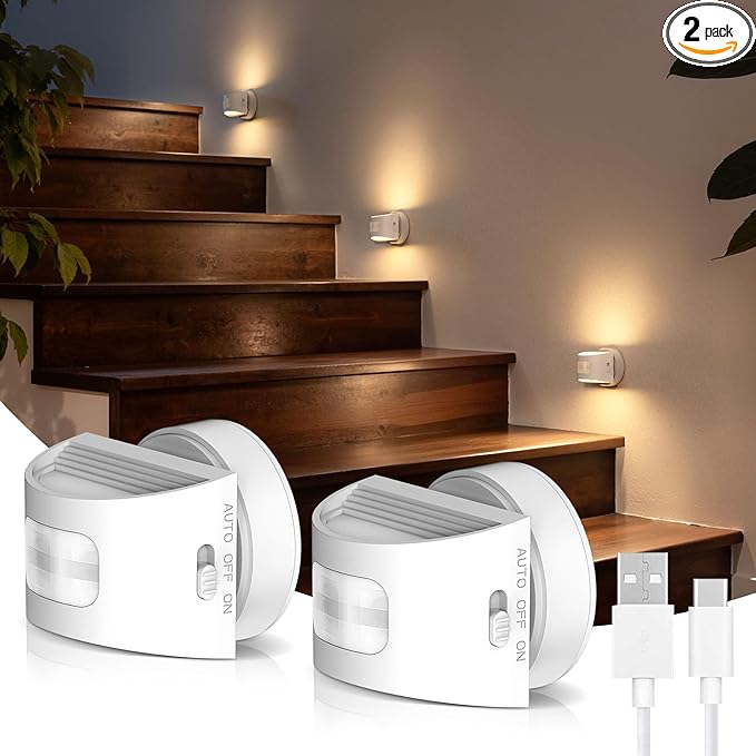 L LOHAS LED Motion Sensor Night Light, Rechargeable Stair Lights Indoor, Portable Warm White Motion Sensor Light Indoor, Battery Operated for Bedrooms, Hallway, Stairway & Bathrooms[2 Pack]