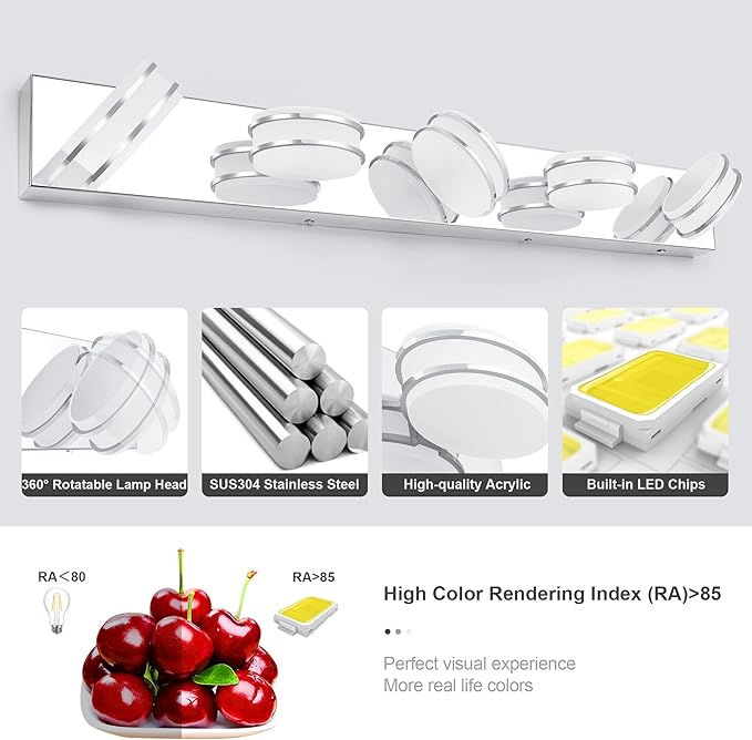 3 Color Temperature Dimmable Bathroom Light Fixtures over Mirror, LED Chrome 5 Light Vanity Lighting Fixtures, Acrylic Stainless Steel Square Shade Vanity Lights for Bathroom, ETL Certificated
