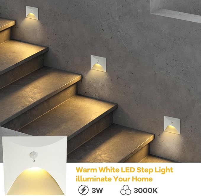 FVTLED Motion Sensor LED Step Lights, 3W AC 85-265V Stair Lights Indoor Outdoor, 3000K Warm White, Arc Design, IP44 Waterproof Staircase Lighting-White Shell