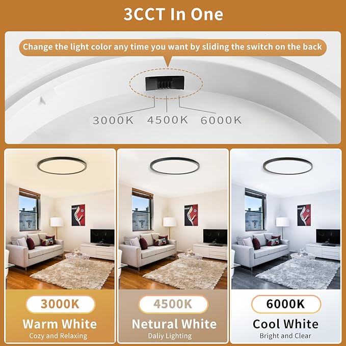 LED Flush Mount Ceiling Lights Dimmable 12Inch 3200LM 24Watt, 3000K 4500K 6000K, Low Profile Surface Mount Slim Light Fixtures Black, Thin Flat LED Panel Lights for Bedroom Bathroom Hallway, 4 Packs