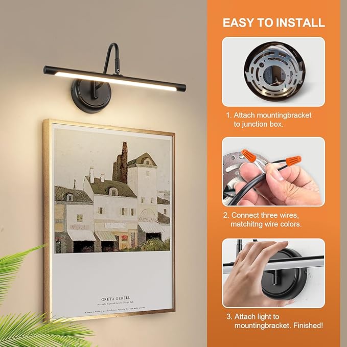 JOOSENLUX LED Picture Light Hardwired Matte Black Modern Picture Lights for Paintings 16.54'' Inch Long Swing Arm Metal Art Lights Warm White 3000K