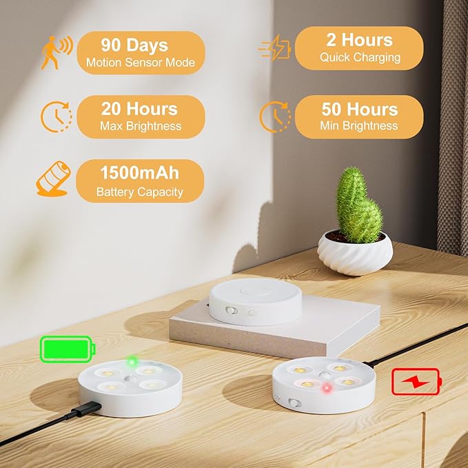 Under Cabinet Lighting, 1500mAh Rechargeable Motion Sensor Puck Lights with Remote, 3 Color Temper, Magnetic Stick on Light, Dimmable Under Counter Lights for Kitchen, Shelf, Closet, Stair, 4 Pack