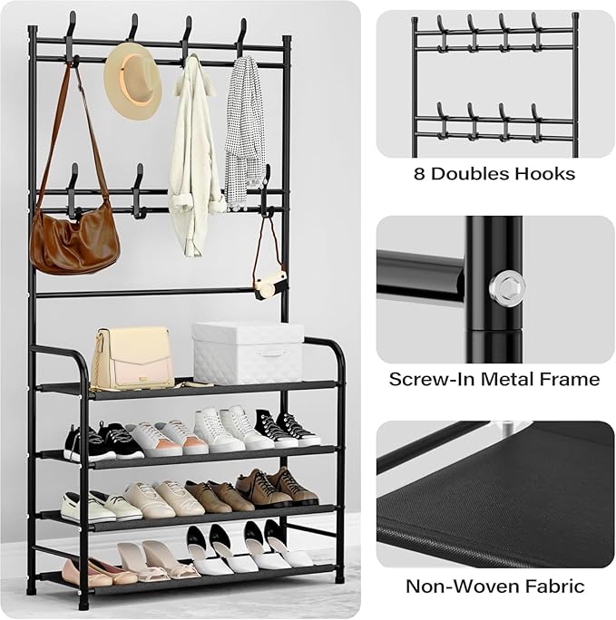 darsun 31.5" Hall Tree, Shoe Storage Bench with 4 Tiers & 8 Hooks, Multipurpose Coat Rack for Entryway, Hallway, Bedroom, Office, Space Saving Organizer