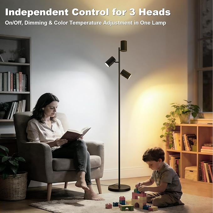 4000LM LED Tree Floor Lamp, 36W Super Bright Reading Lamp with Remote, Dimmable Tall Standing Light with 3 Rotatable Heads & 6 Color Temperatures, Modern Floor Lamps for Living Room Bedroom Office