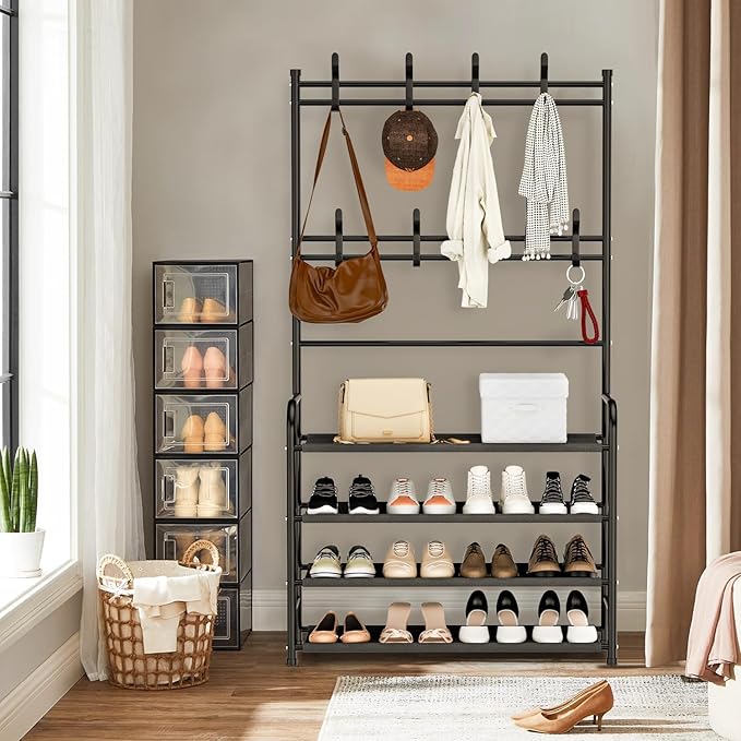 darsun 31.5" Hall Tree, Shoe Storage Bench with 4 Tiers & 8 Hooks, Multipurpose Coat Rack for Entryway, Hallway, Bedroom, Office, Space Saving Organizer