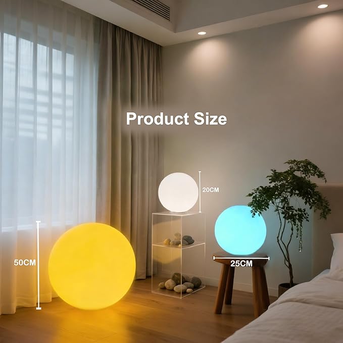 20-inch Large LED Globe Orb Light, Rechargeable LED Ball Light, Dimmable 16 RGB Colors Globe Floor Lamp w/Remote, Indoor/Outdoor Waterproof Glowing Orb Mood Lamp for Home Garden Patio Party