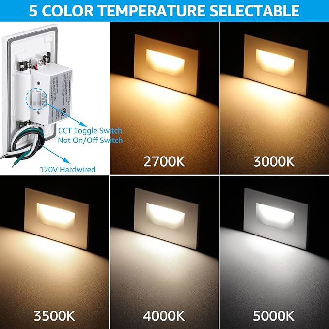 LEONLITE 12-Pack Premium Series 5CCT 120V LED Step Lights, Dimmable 3.5W Indoor Outdoor Waterproof Horizontal Stair Light, 2700K3000K3500K4000K5000K Selectable, CRI90, ETL, Aluminum, White
