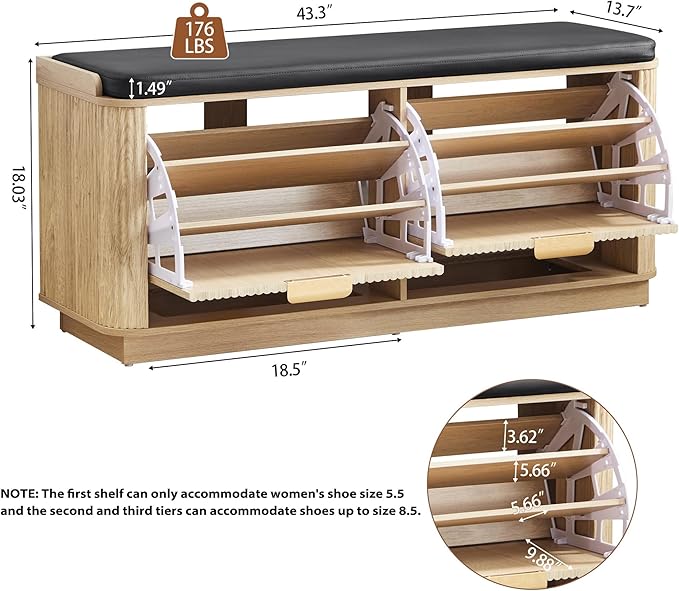 43.3''W Fluted Shoe Rack Bench with 2 Flip Drawers, Entry Bench Seat with 3-Tier Shoe Storage and Leather Cushion, Shoe Organizer Bench for Entryway, End of Bed, Living Room - Natural