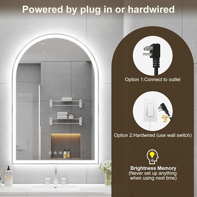 Arched LED Mirror for Bathtoom 24"x36", Silver LED Bathroom Mirror with Lights-Fogless, Dimmable, Shatterproof, Touch Sensor, 3 Color Changing