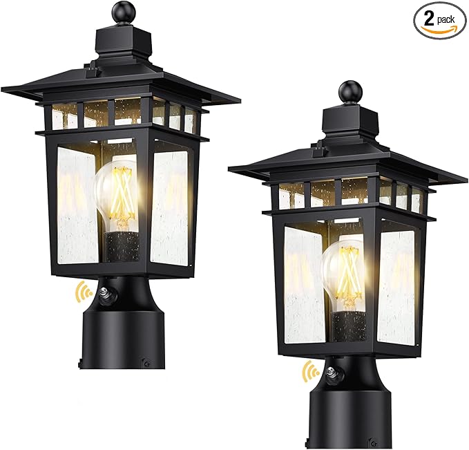 Dusk to Dawn Outdoor Post Lights, Waterproof Lamp Post Light Fixture, Aluminum Lamp Posts Outdoor Lighting Pole Lantern for Outside Yard Patio Pathway Garden Deck, Hard Wired (2 Pack, Black)