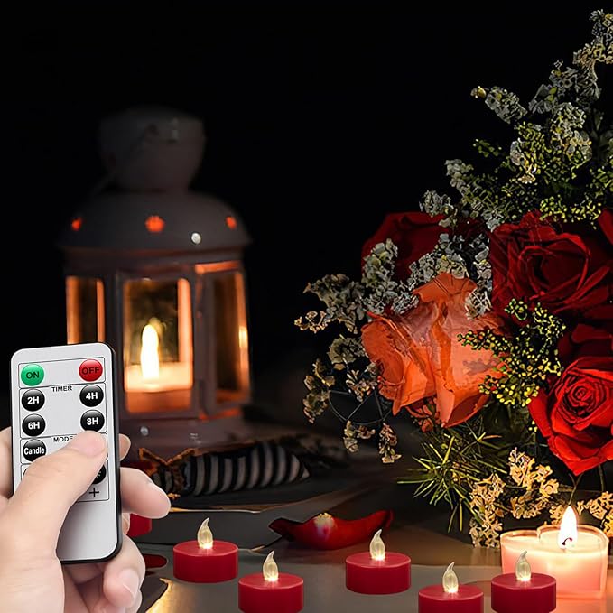 24 Pack Remote Control LED Tea Lights Battery Operated Flameless Candles 5Pcs Realistic and Bright Flickering Long Lasting 400 Hours Electric Candles for Christmas Home Party Wedding Decor (Red)