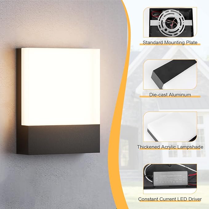 Modern Outdoor Led Wall Light, 24W 3000K Wall Porch & Patio Light,Exterior Hardwired Wall Light Fixtures,IP65 Waterproof Square Wall Lamp for Garage, Front Door,House Yard(Black,1-Pack)