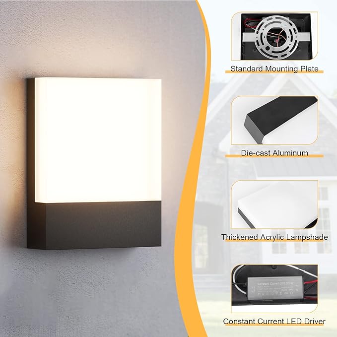 Modern Outdoor Led Wall Light, 24W 3000K Wall Porch & Patio Light,Exterior Hardwired Wall Light Fixtures,IP65 Waterproof Square Wall Lamp for Garage, Front Door,House Yard(Black,4-Pack)