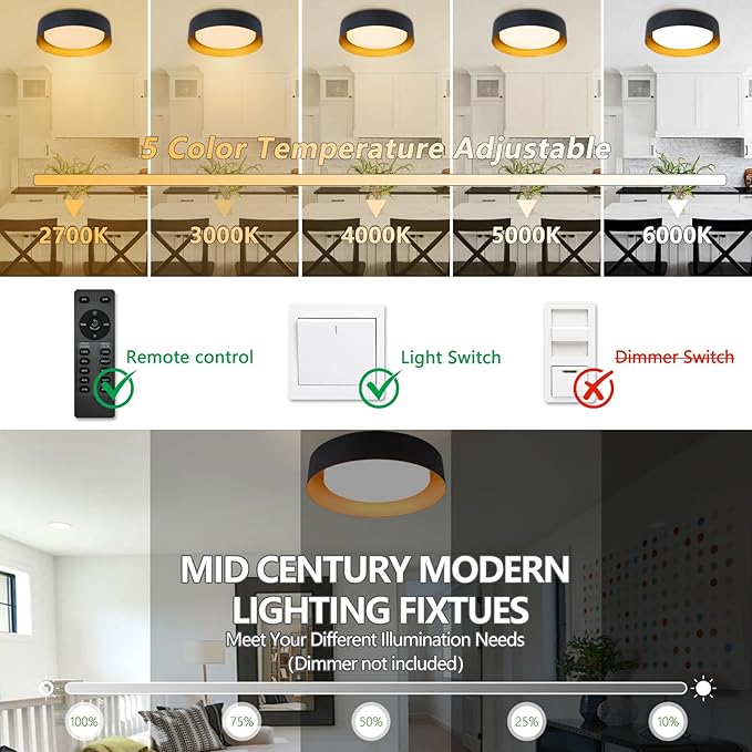 Bargeni Flush Mount Ceiling Light with Remote,Matte Black with Gold Inside,24W/2700K-6000K/with Night Light Mode,12.5 inch LED Flush Mount Light for Bedroom,Living Room,Kitchen