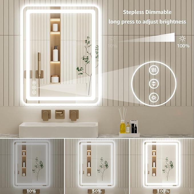 55" x 36" Led Bathroom Mirror with Lights, Anti-Fog & Tri-Color Lighting - Wall Mounted Shaving Mirror with Touch Sensor, Waterproof & Smart LED Vanity Mirror,Tempered Glass, Dimmable Smart Mirror