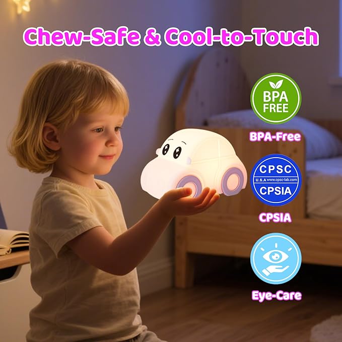 Cute Baby Toddler Car Kids Night Light for Kids, Dimmable+1800mAh Rechargeable+Timer+Portable+Silicone+Squishy, Touch Breastfeeding Bedside Night Lamp, Funny Girls Boy Gifts