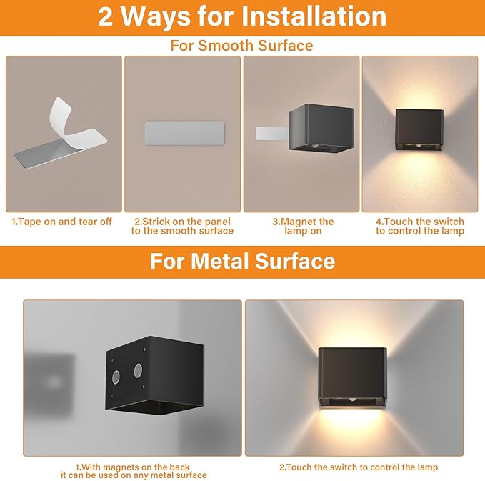 Motion Sensor Wall Light with Remote Control, Rechargeable Battery Operated Wall Sconce with 3 Colors, Wireless Magnetic Wall Lamp, LED Indoor Up and Down Wall Mount Light, Black, 2-Pack