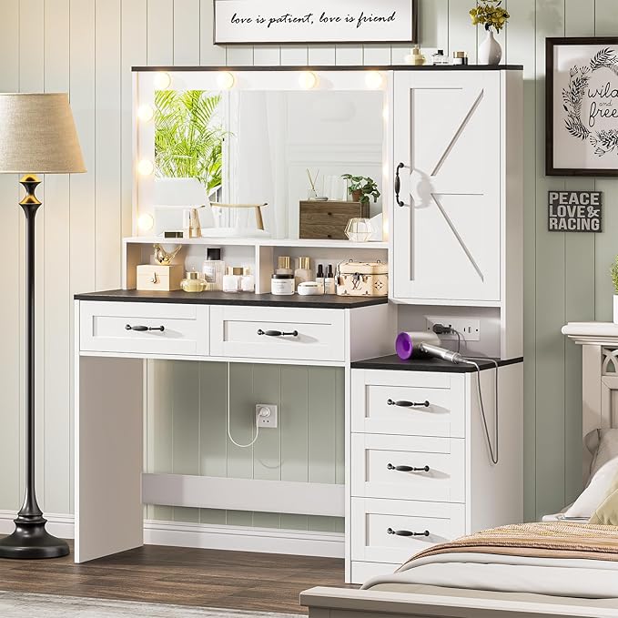 Farmhouse Vanity Desk Makeup Table with Mirror and 10 Lights, 45.3" Large Vanity Desk with Power Outlet, 5 Drawers, 1 Cabinet & 9 Jewelry Hooks, Dressing Table for Women Girls White & Black
