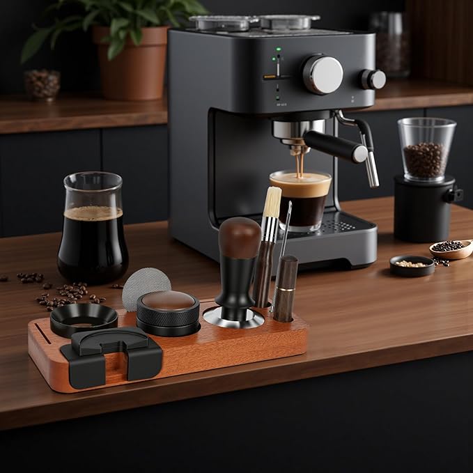 8 PCS Espresso Accessories Kit, 54mm Espresso Tamper Kit Coffee Tamper Set with Coffee Distributor, Espresso Tamping Station, Espresso WDT Stirrer, Puck Screen,Dosing Funnel