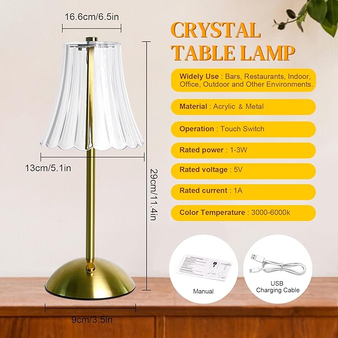 Cordless Table Lamp Rechargeable,LED 3 Colors Light Touch Dimmable Gold Small Lamp Decorative 12" for Nightstand,Bedside,Kitchen,Living Room 2600mAh High Capacity Battery Powered (Acrylic Flower)