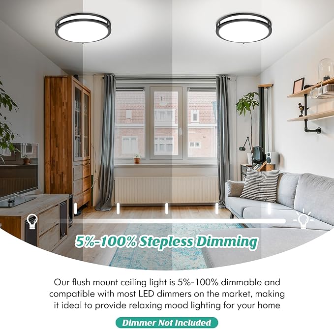 16 Inch LED Flush Mount Ceiling Light Fixture 2PACK, Dimmable 5CCT Selectable 2700K Warm White-6500K Super Bright Daylight White, 50W 6000LM Round Black Ceiling Lamps for Living Room Bedroom Kitchen