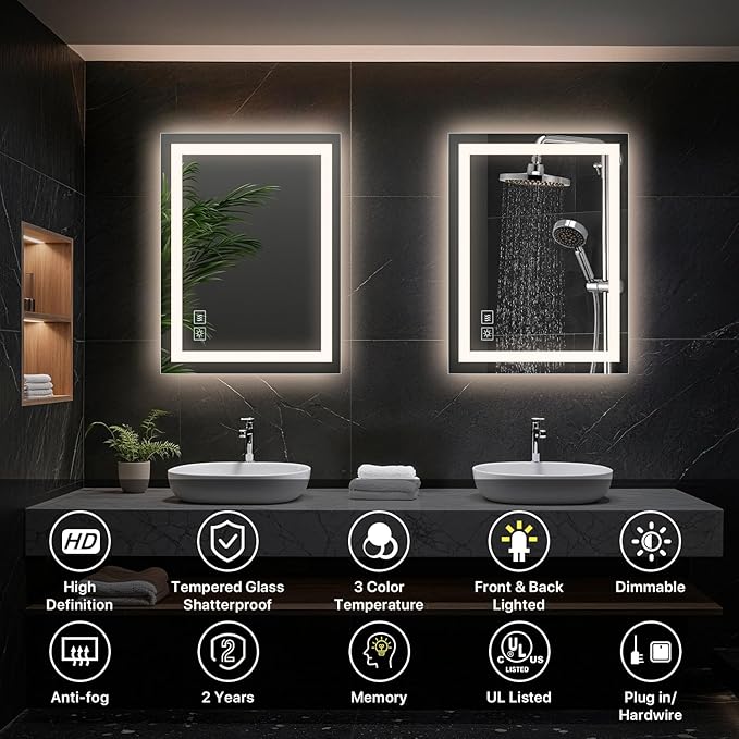 32”x24“ LED Bathroom Mirror with Light, Anti-Fog Wall Mount Vanity Mirror Dimmable & 3CCT, Memory Function Smart Large Mirrors for Bathroom Wall Over Sink, UL Listed, Plug in or Hardwire