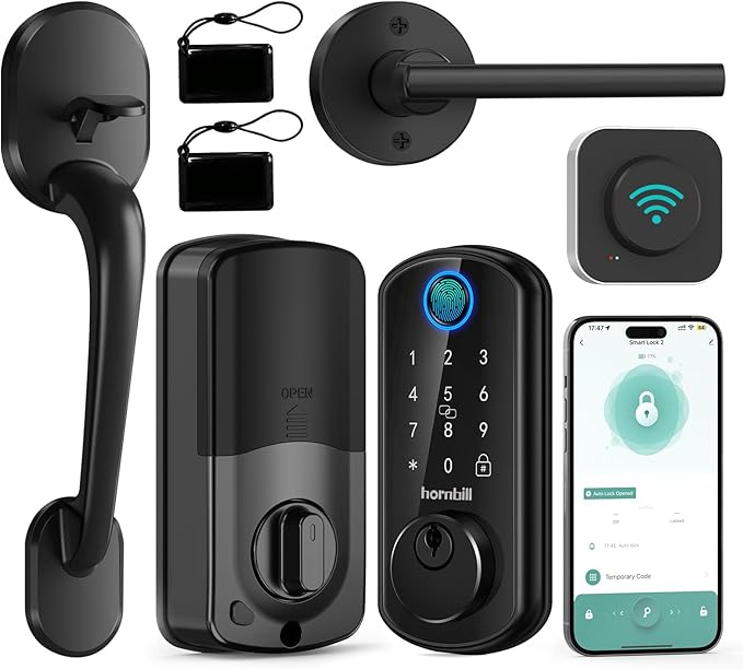 Smart WiFi Front Door Lock: Hornbill Keyless Entry Fingerprint Deadbolt with Handle Set Electronic Digital Keypad Door Locks APP Remote Control Alexa Auto Lock Black