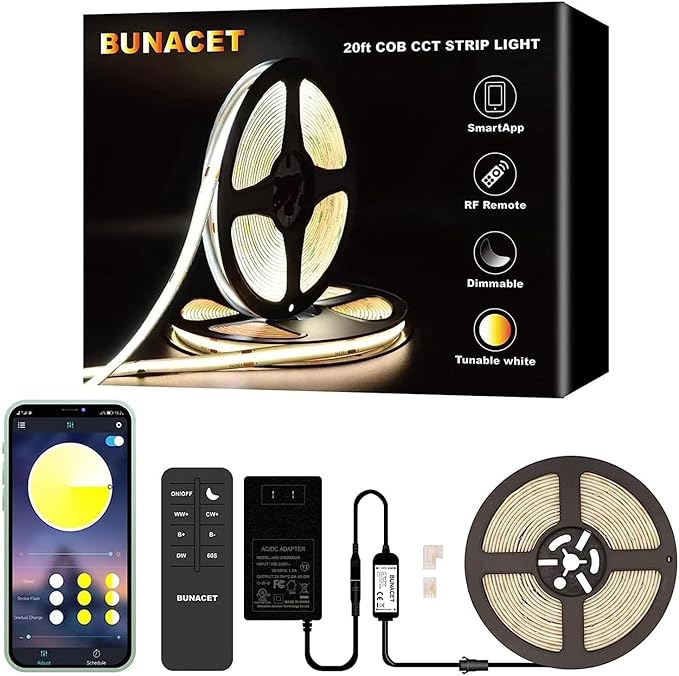 COB LED Strip Light 20ft/6m Tunable White 3000K-6500K, High Lumen CRI 90+ with UL Listed 24V Power Adapter RF Remote for Bedroom Counter Under Cabinet Kitchen Projects