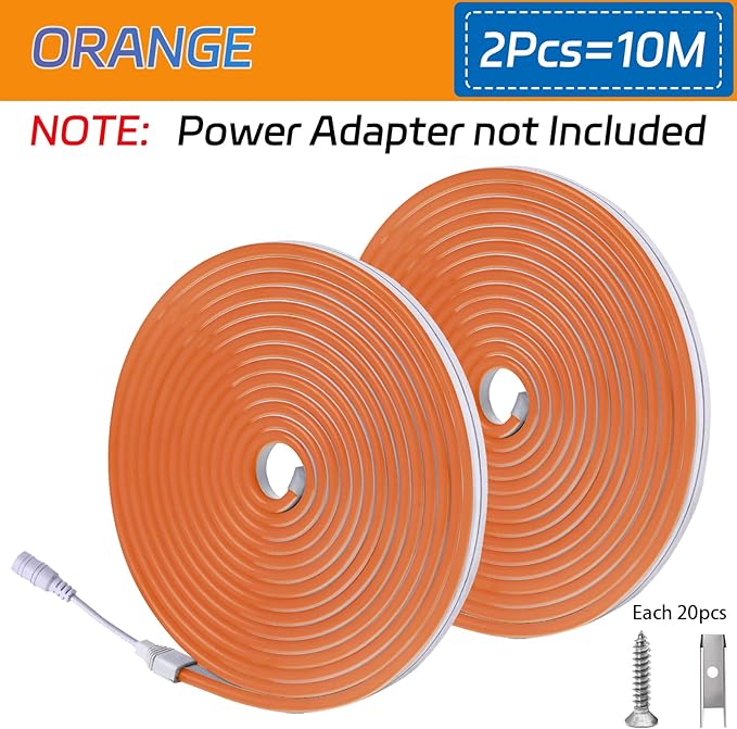 32.8FT/10M/2PCS Orange LED Neon Light Strip with Installation Accessories - Flexible Waterproof 12V DC Rope Lights for Eye-Catching Indoor & Outdoor Decoration [Adapter Not Included]