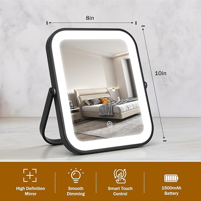 Rechargeable Vanity Mirror with Lights, 10"×8" Makeup Mirror with Lights, 1500mAH Battery, Smart Touch with 3-Color Lighting, Dimmable, HD Desk Mirror, Women Gift, Travel Essentials (Black)