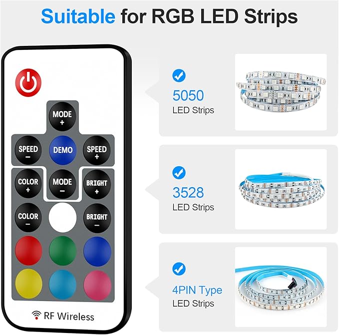 RGBZONE RF Wireless Remote LED Controller, DC 5V/12V/24V for 5050 3528 5630 LED Strip Lights, Mini 4-Pin RF LED Controller