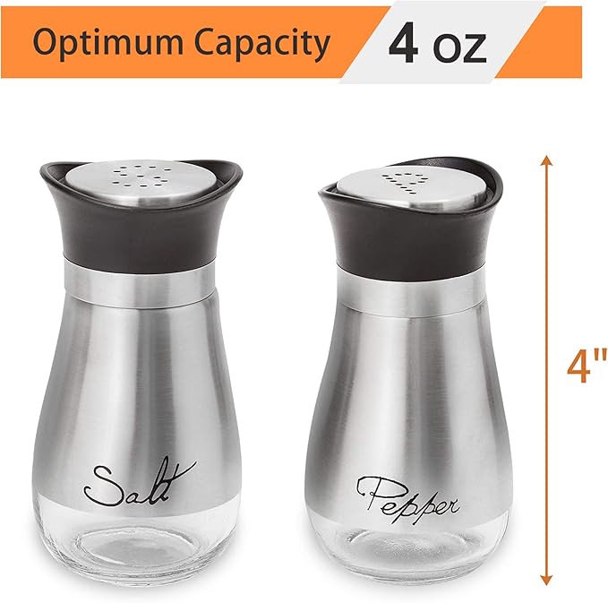 Lonffery Salt and Pepper Shakers Set, Salt Containers for Gifts, Kitchen Decor with Stainless Steel and Glass Bottle, Set of 2