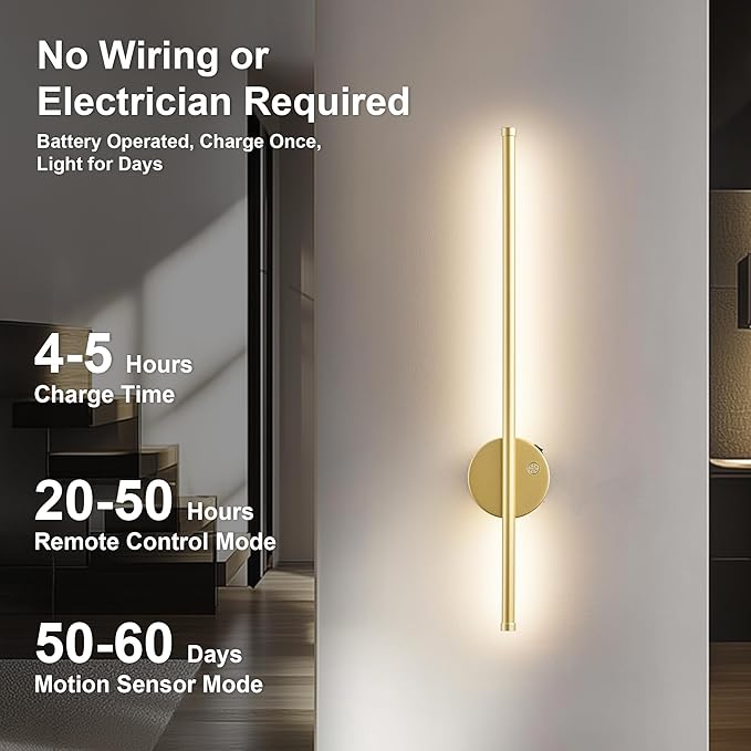 Motion Sensor Battery Operated Wall Sconce Set of Two - Modern Rechargeable Wireless Wall Lights with Remote Control, Dimmable, 3000K/4000K/6000K, Timer for Living Room, Hallway,23.6 Inch, Gold