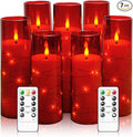 Flameless Candles with Embedded Star String, Battery Operated LED Pillar Candles with Timer and Remote Control,Home Decorating for Ambiance， Set of 7 (Red)