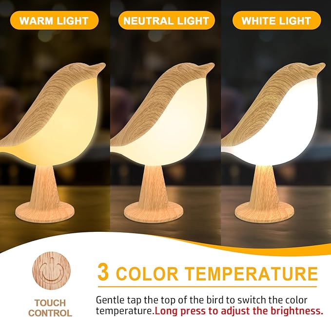 2 Cute Bird Lamps Combo,Small Bedside Lamps with 3 Color Temperature and Adjustable Brightness,Rechargeable Cordless Lamp for Bedroom Nightstand Bedside Table (Wood Tone + Red)