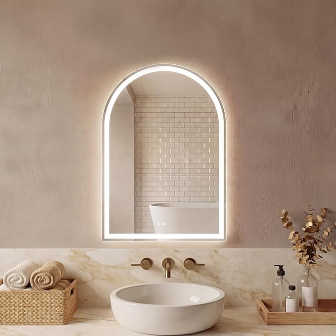 Sweetcrispy 20"×28" LED Bathroom Mirror with Lights, Arched Vanity Mirror with Anti-Fog, Dimmable, 3-Color Light, Memory Function, Tempered Glass
