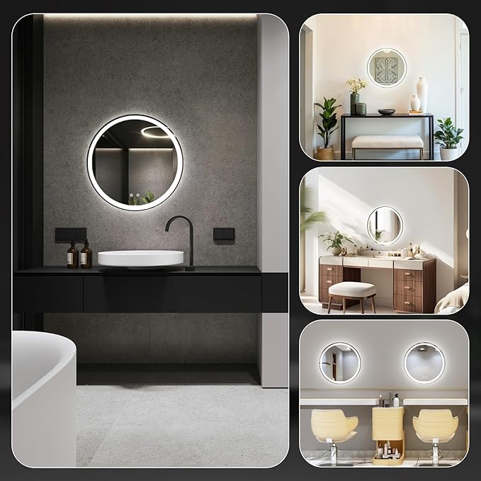Sweetcrispy 30 Inch Round LED Bathroom Mirror with Lights, Circle Vanity Mirror with Anti-Fog, Dimmable, 3-Color Light, Memory Function, Tempered Glass