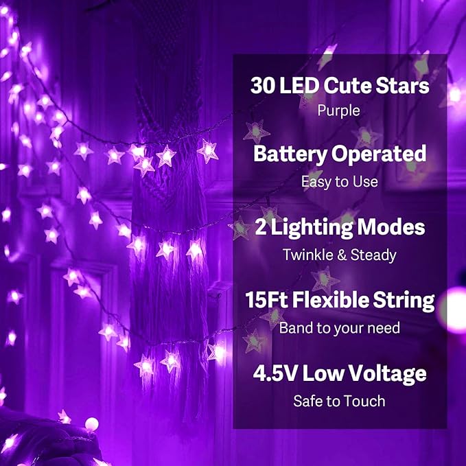 ITICdecor Star Lights 15 FT 30 LED Battery Operated Indoor&Outdoor Twinkle Fairy String Lights for Xmas Tree (Purple)