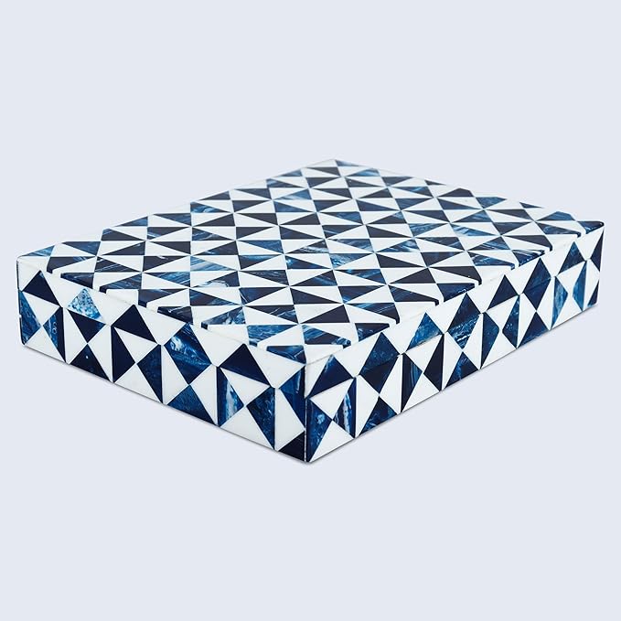 Handicrafts Home Blue and White Decorative Storage Box with Lid – Slim Rectangular Storage Box, Handmade Resin Inlay Wooden Box, Remote Holder, Desk Organizer, Decorative Keepsake & Jewelry- 6x8x1.5