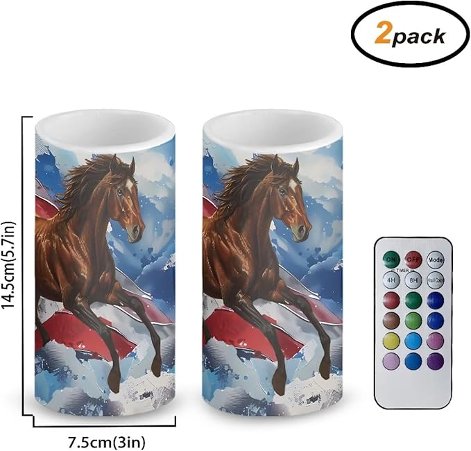 American Flag Flameless Candles 2 Pack 6 x 3 inch Horse Print Battery Operated Candles with Multicolor Timer Remote Control LED Fake Candles for Warm Light Dinner Table Home Patriotic Decor