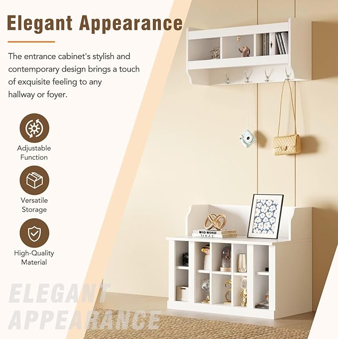 Contemporary Shoe Storage Bench with Wall Mounted Coat Rack, Elegant Hall Tree for Entryway, Mudroom, White