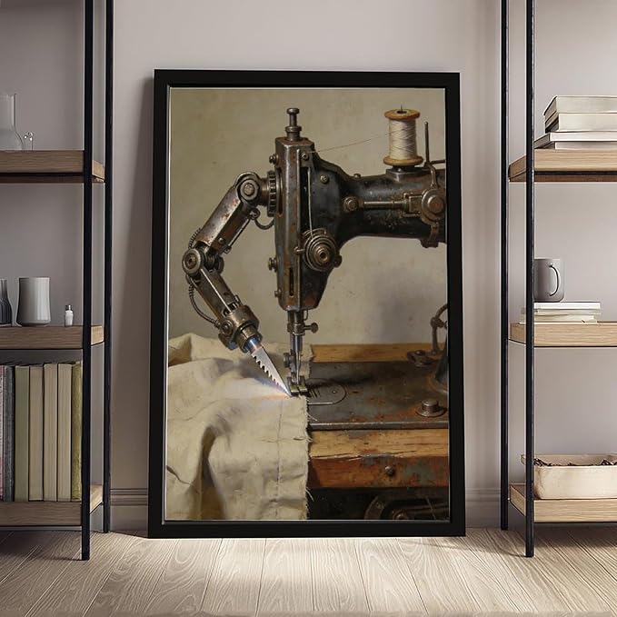 Framed Steampunk Mechanical Sewing Machine Wall Art - Retro Industrial Workshop Poster for Home Office Studio Decor 16x24in