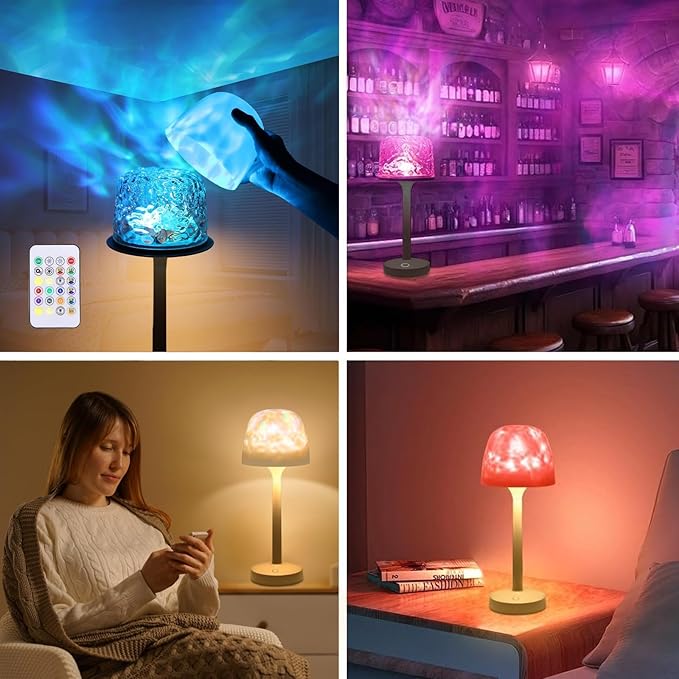 Cordless Shower Lamp,Bedside Lamp,Touch Ocean Wave Projector Light,3 Way Color Temperature,16 Color Changing Light,Dimmable,Rechargeable Aurora Night Lights for Bedroom Bathroom, Waterproof