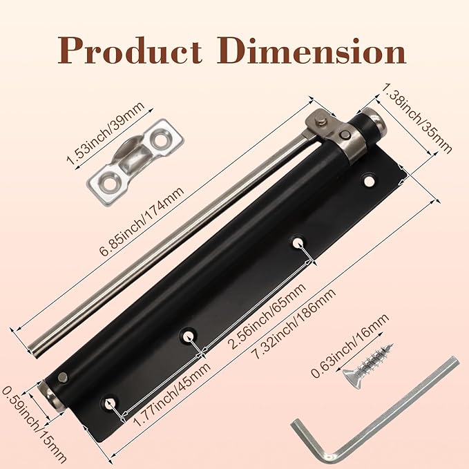 BokWin Automatic Door Closer for Home, Safety Spring Door Closers Adjustable Self Closing Device, Easy to Install with Arm, Screw, Wrench for 5kg (1 Pack, Black)