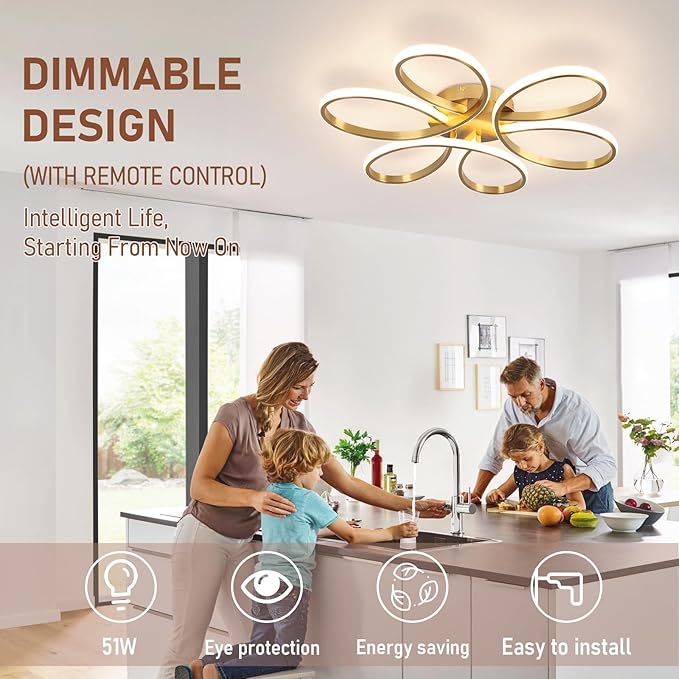 26inch Modern LED Ceiling Light, 6 Rings Flower Flush Mount Light Fixture with Remote Control Gold Dimmable Ceiling Lamp for Bedroom, Dining Room, Hallway, Kitchen